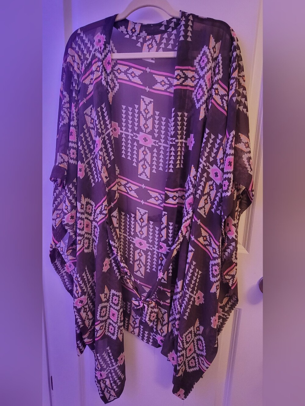 Sheer Aztec Print Kimono Cardigan - Grey & Pink Size M/L